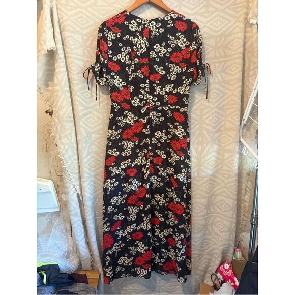 Madewell Floral Print Midi Dress Short Sleeve Tie Detail Black Red‎ Casual - Picture 11 of 13